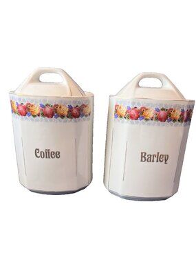 1930s Canister Set 2 Pc w/lids Germany Floral Roses Coffee Barley White Gold